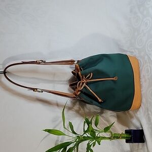 ETRO Green Canvas w Camel Leather Bucket Bag